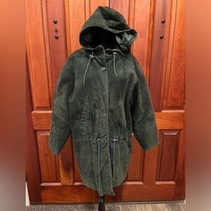 Vintage Wilson's Suede Leather Long Coat Hunter Green Hooded Size M